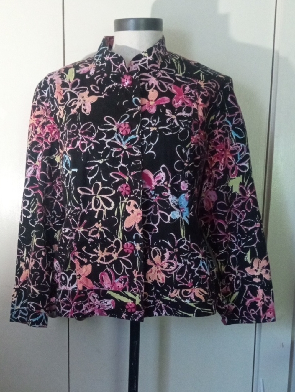 600 West Vintage Floral Textured Art to Wear Button Up Cotton Blend Jacket Mediu